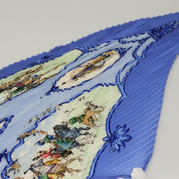 HERMES Pleated Carre 90 Scarf ""LES CHEVAUX DES MOGHOLS"" Silk Blue Auth 135502 - Picture 7 of 16